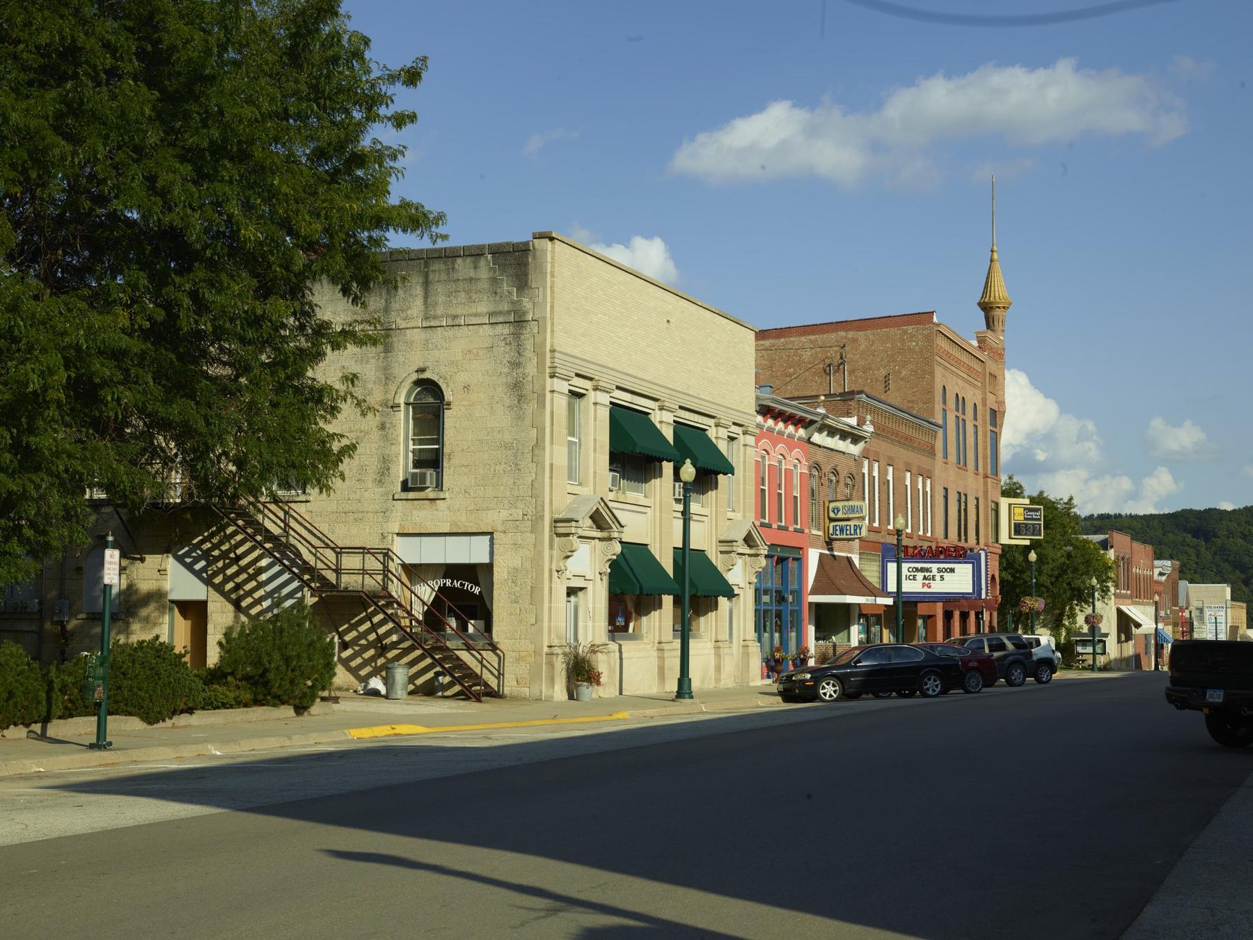 Historic brick storefronts on Main Street in Elkader, Iowa